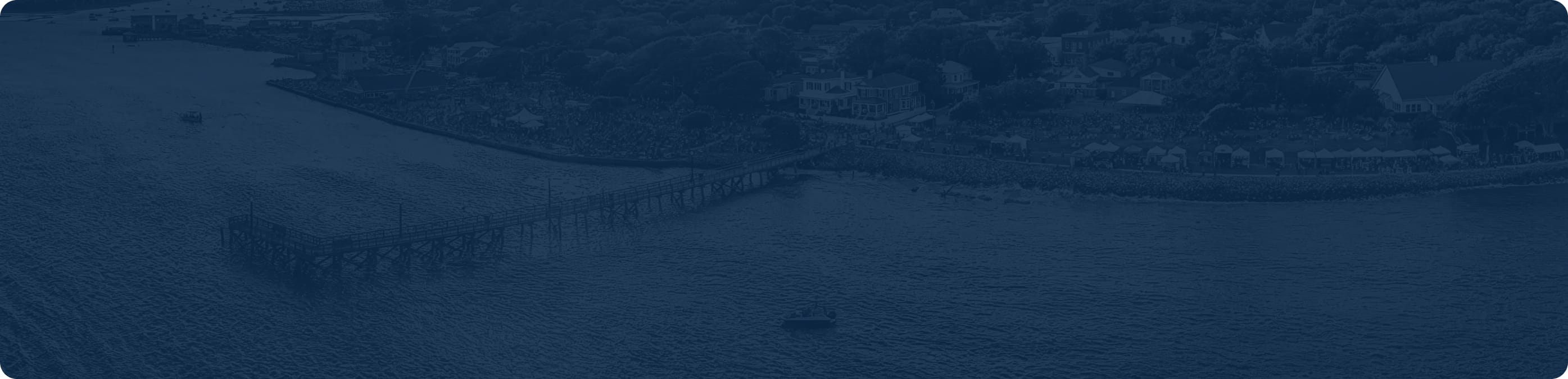 Aerial view of a dock into a body of water, with a blue filter over it
